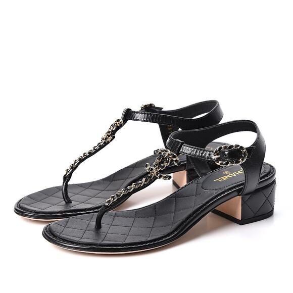 Chanel Lambskin Chain Interlocking CC Logo Thong Sandals in Black - Picture 1 of 16